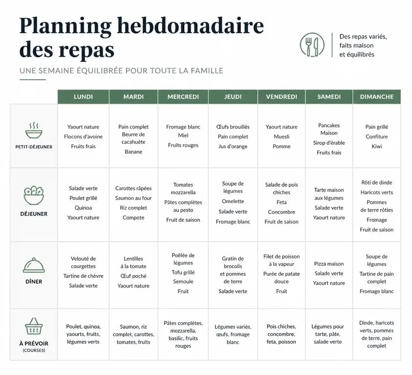 Planning hebdomadaire de menu famille pour la semaine pour organiser ses repas