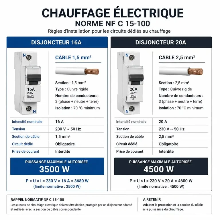 Infographie des règles de la norme NF C 15-100 pour le dimensionnement des radiateurs par disjoncteur
