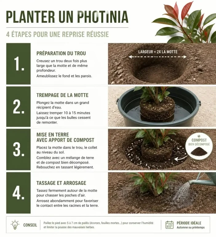 Infographie des étapes pour réussir la plantation d'un photinia dans son jardin