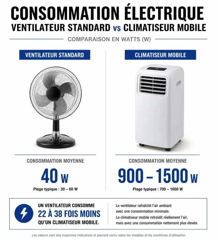 Comparaison de la consommation électrique entre un ventilateur et un climatiseur