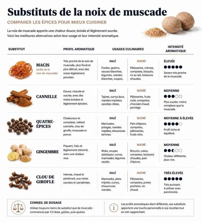 Infographie des meilleures alternatives pour remplacer la muscade en cuisine