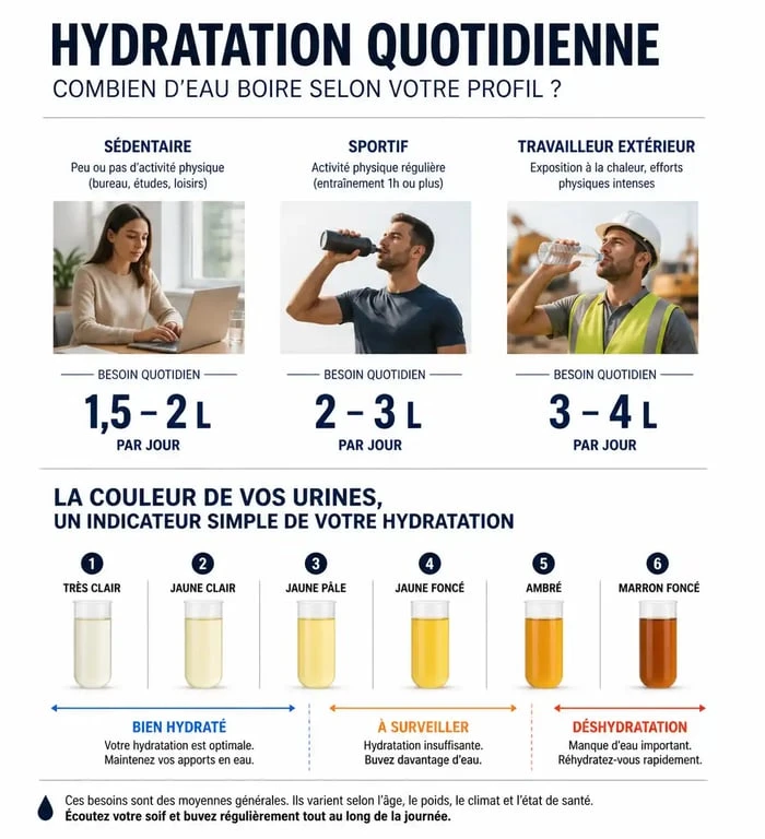 Infographie sur les besoins en eau par jour et l'hydratation optimale pour la santé