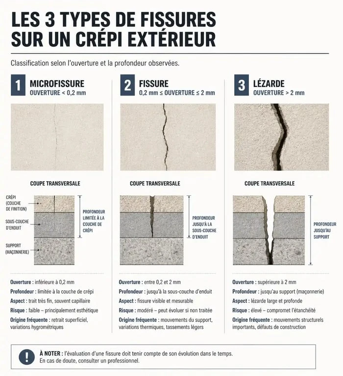 Schéma comparatif des types de fissures sur crépi extérieur : microfissure, fissure et lézarde