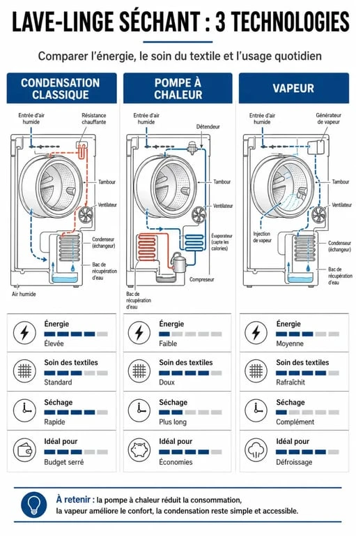 Comparatif des technologies de lave-linge séchant : condensation, pompe à chaleur et vapeur pour choisir le meilleur modèle.