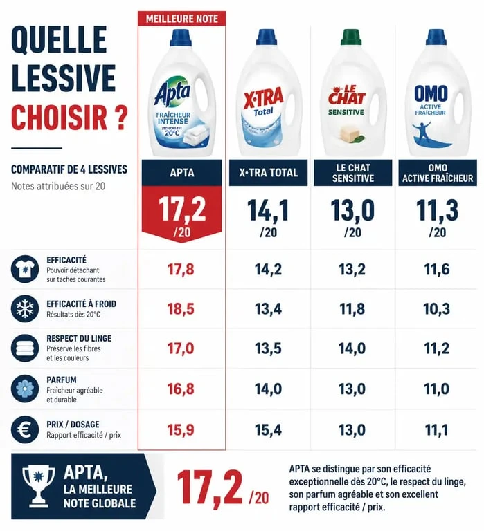 Comparatif des performances et de la composition de la lessive Apta au savon de Marseille par rapport aux autres lessives du marché