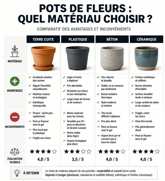Infographie comparative des matériaux pour pot de fleurs : terre cuite, plastique, béton et céramique.
