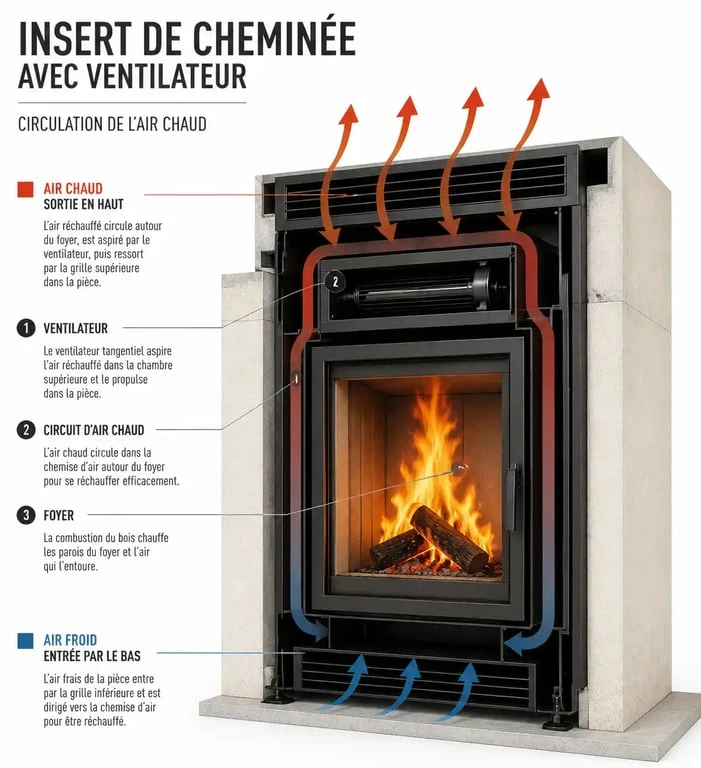 Schéma de fonctionnement d'un insert avec ventilateur montrant la circulation de l'air