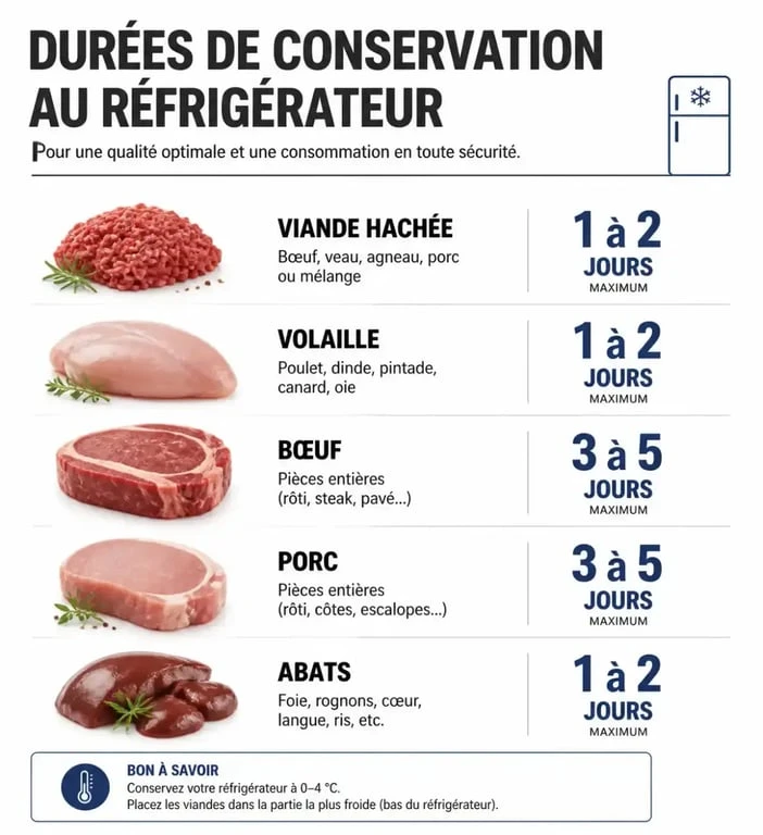 Infographie des durées de conservation de la viande décongelée au réfrigérateur par type de viande