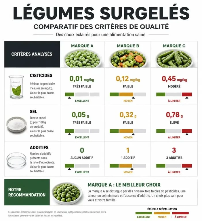 Infographie comparative des critères de qualité pour choisir ses légumes surgelés et éviter les marques à risque