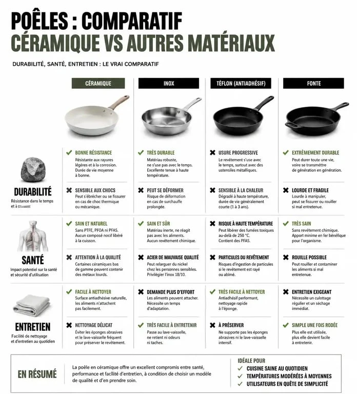 Infographie comparative des avantages et inconvénients des poêles en céramique, inox, téflon et fonte pour aider au choix de votre matériel de cuisine.