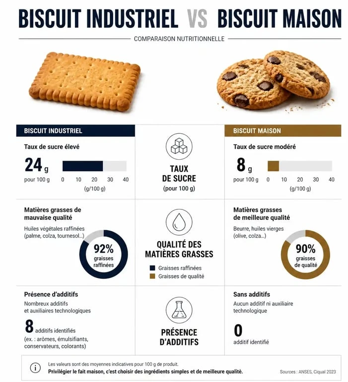 Infographie comparative des valeurs nutritionnelles entre un goûter industriel et un biscuit fait maison pour une alimentation saine.