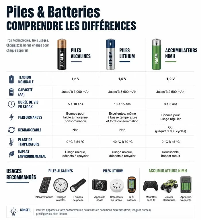 Infographie comparative des types de piles et batteries pour choisir la meilleure source d'énergie.