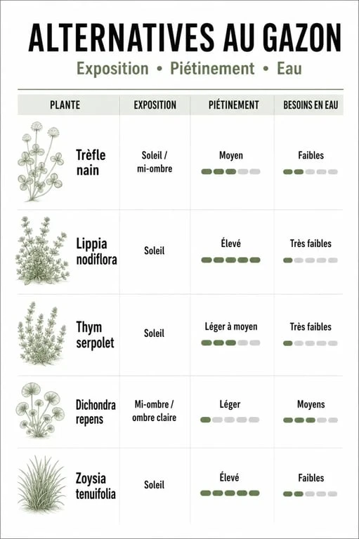 Infographie comparative des meilleures alternatives au gazon pour remplacer sa pelouse