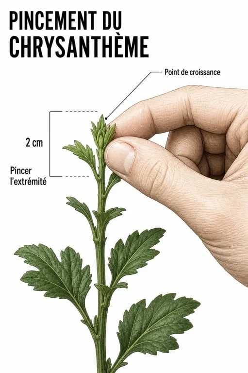 Illustration technique du pincement des tiges de chrysanthème pour favoriser la ramification