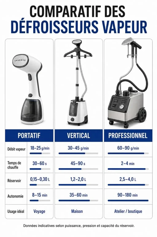 Infographie comparative pour choisir son défroisseur vapeur selon ses besoins