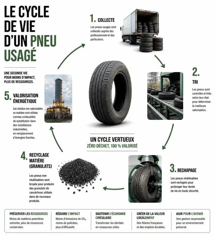 Infographie du cycle de recyclage des pneus usagés