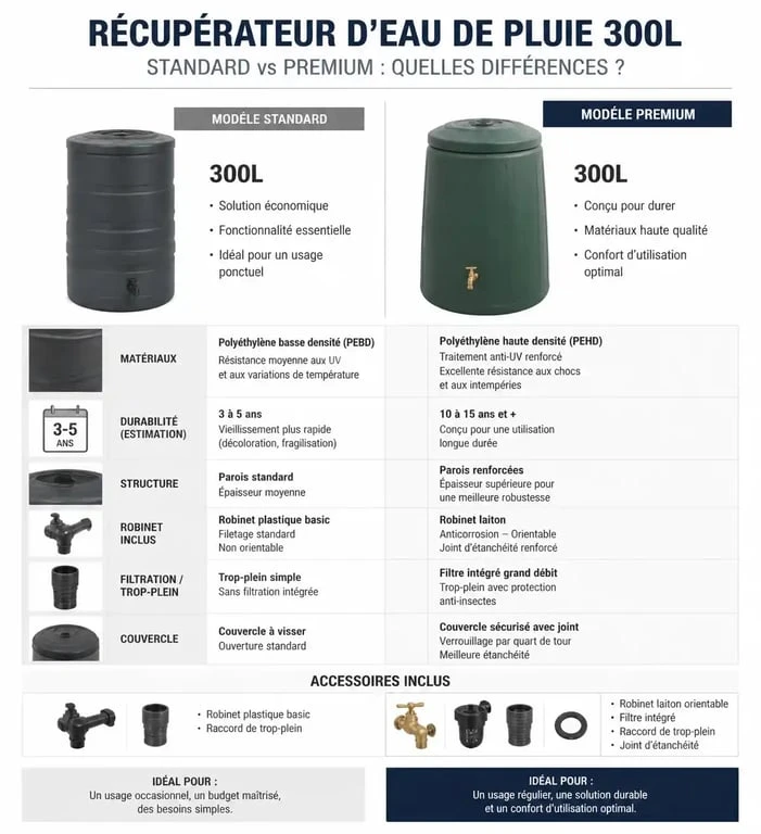 Comparatif technique récupérateur eau de pluie 300L standard et premium