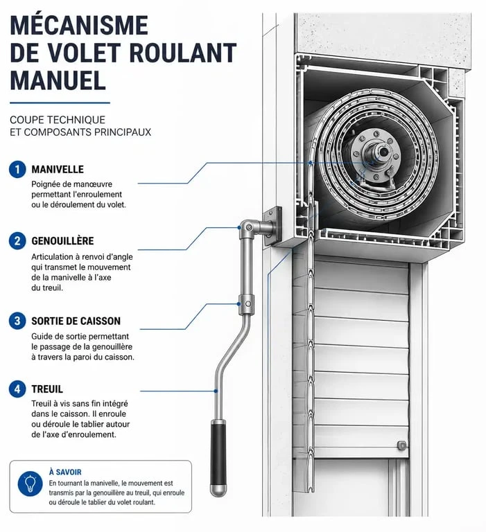 Schéma technique des composants d'un volet roulant manuel pour la réparation de la manivelle