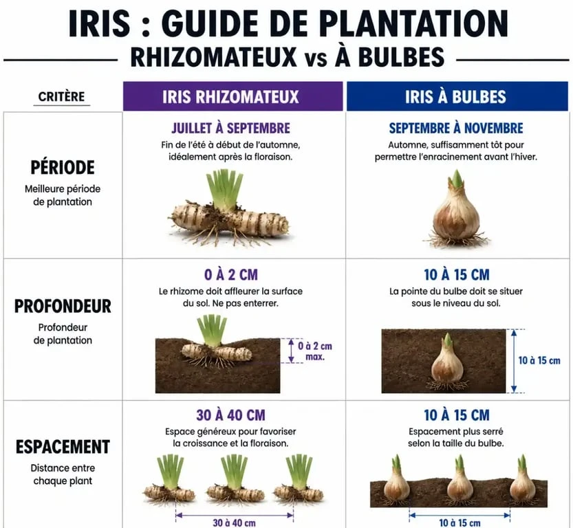 Infographie comparative sur la période et la méthode pour planter des iris rhizomateux et des iris à bulbes au jardin