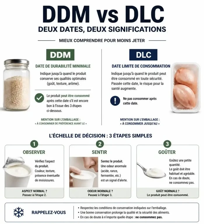 Infographie explicative sur la différence entre DDM et DLC et comment vérifier si un aliment est encore consommable après sa date de durabilité minimale