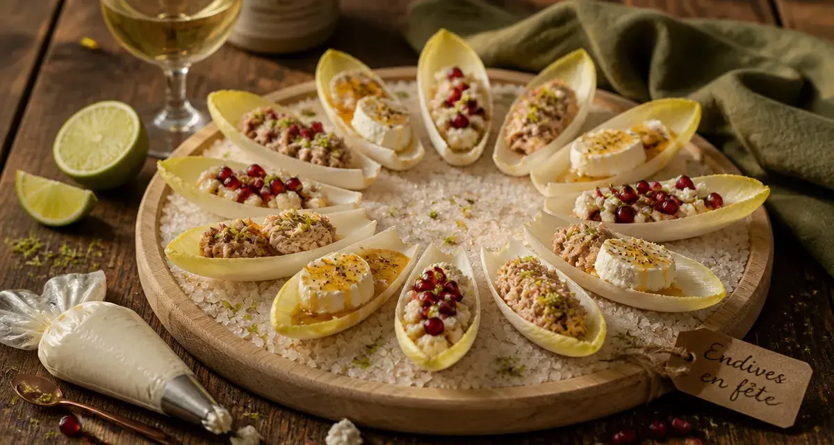 Feuilles d'endives garnies pour apéro : couronne de feuilles au thon, chèvre-miel et feta, grenade.