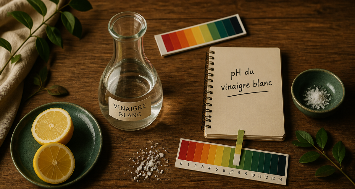 ph du vinaigre blanc mesuré avec bandelette et carnet
