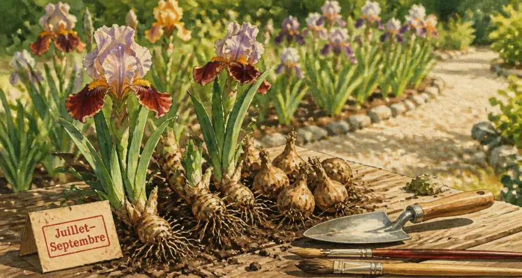 Quand planter des iris : rhizomes affleurants, plantation juillet à septembre.