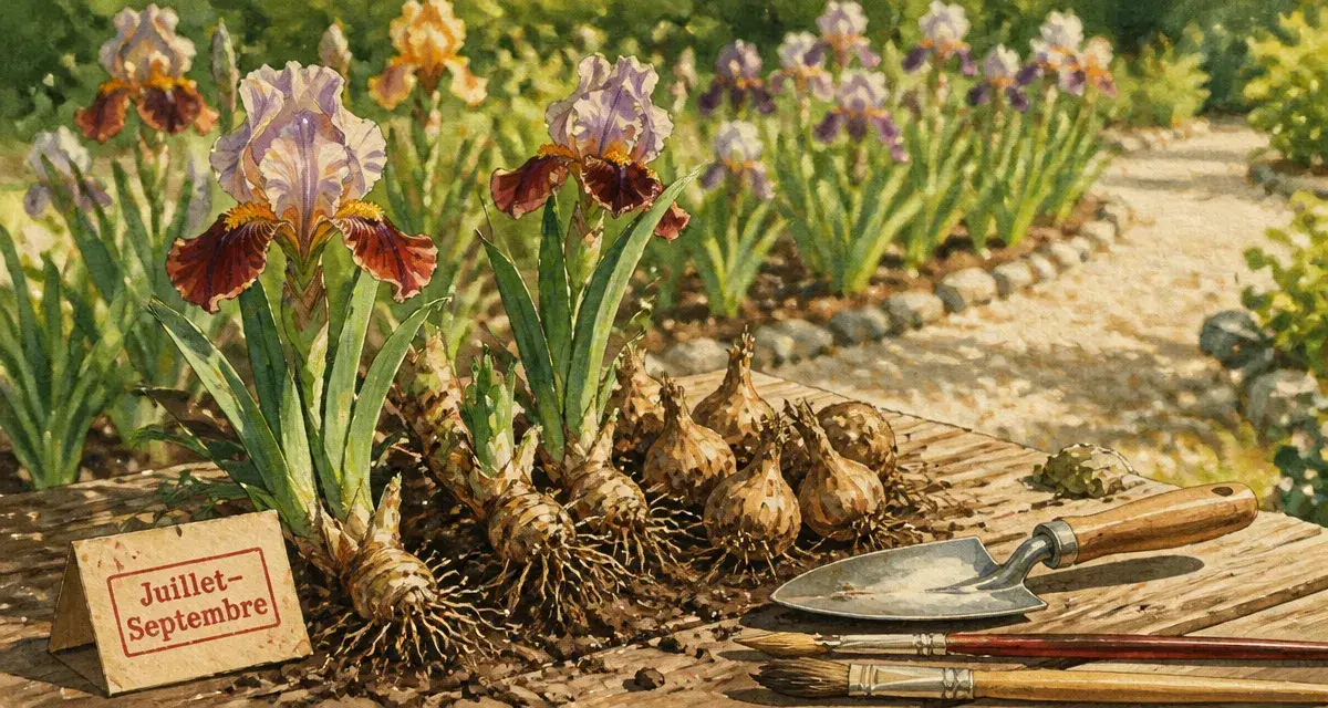 Quand planter des iris : rhizomes affleurants, plantation juillet à septembre.