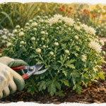 Taille chrysanthème pour floraison dense : main avec sécateur sur plante compacte