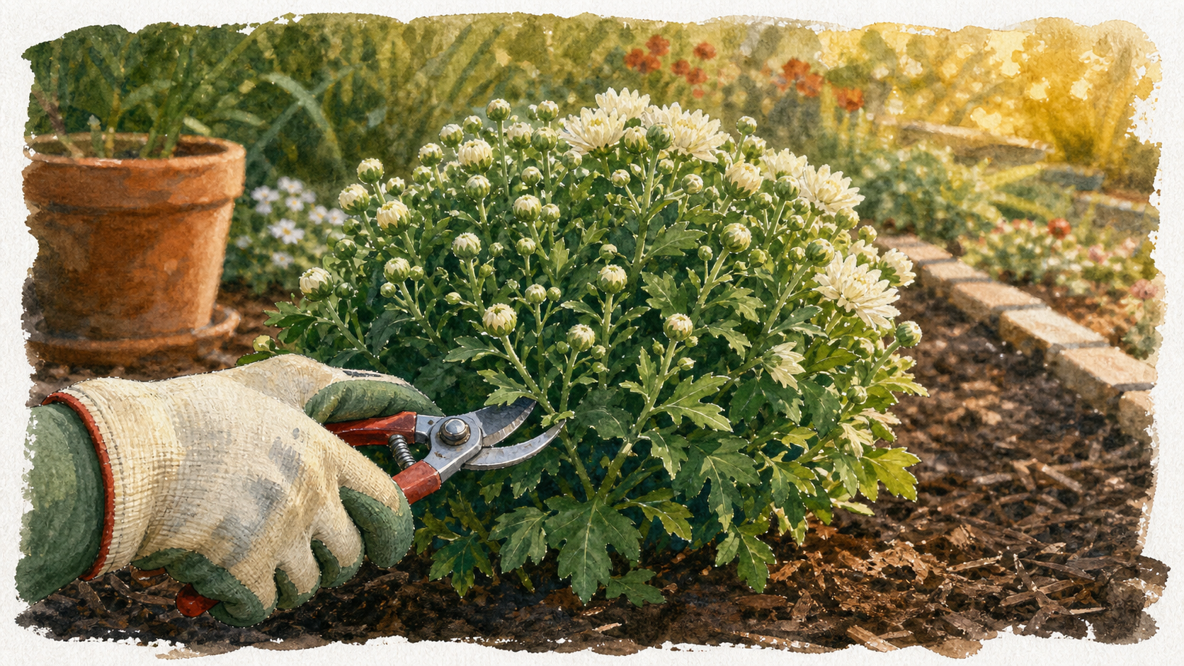 Taille chrysanthème pour floraison dense : main avec sécateur sur plante compacte