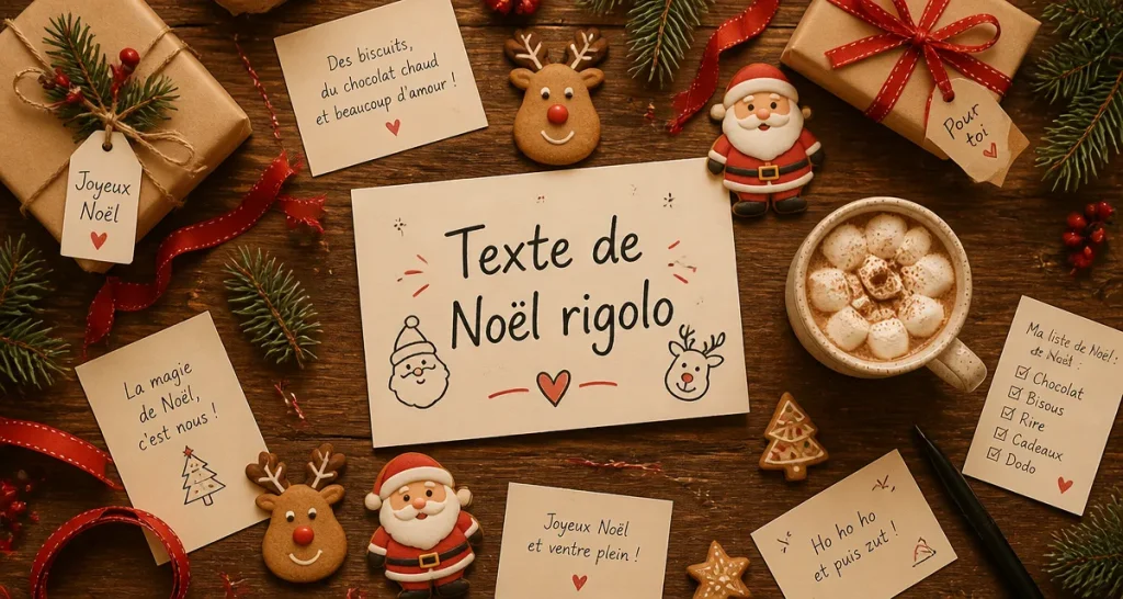 texte joyeux noël rigolo carte sur table de noël