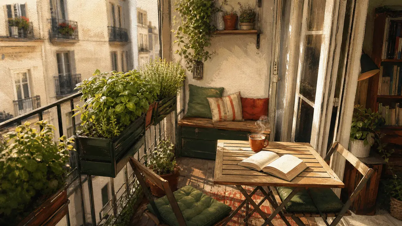 Aménager son balcon : jardinières verticales, table pliante et banc coffre sur balcon étroit