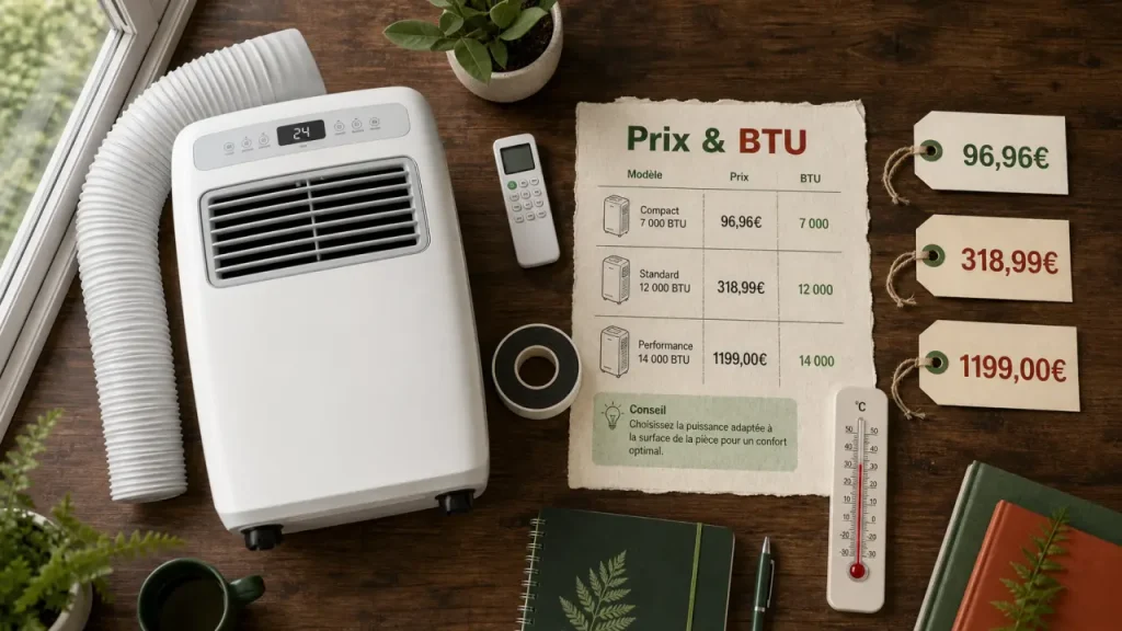 Climatiseur mobile prix monobloc avec gaine d’évacuation près d’une fenêtre