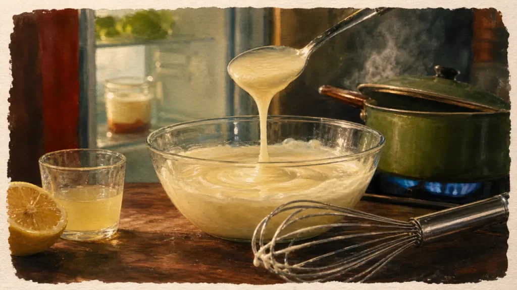 Comment epaissir une creme : bol avec citron, fouet et casserole