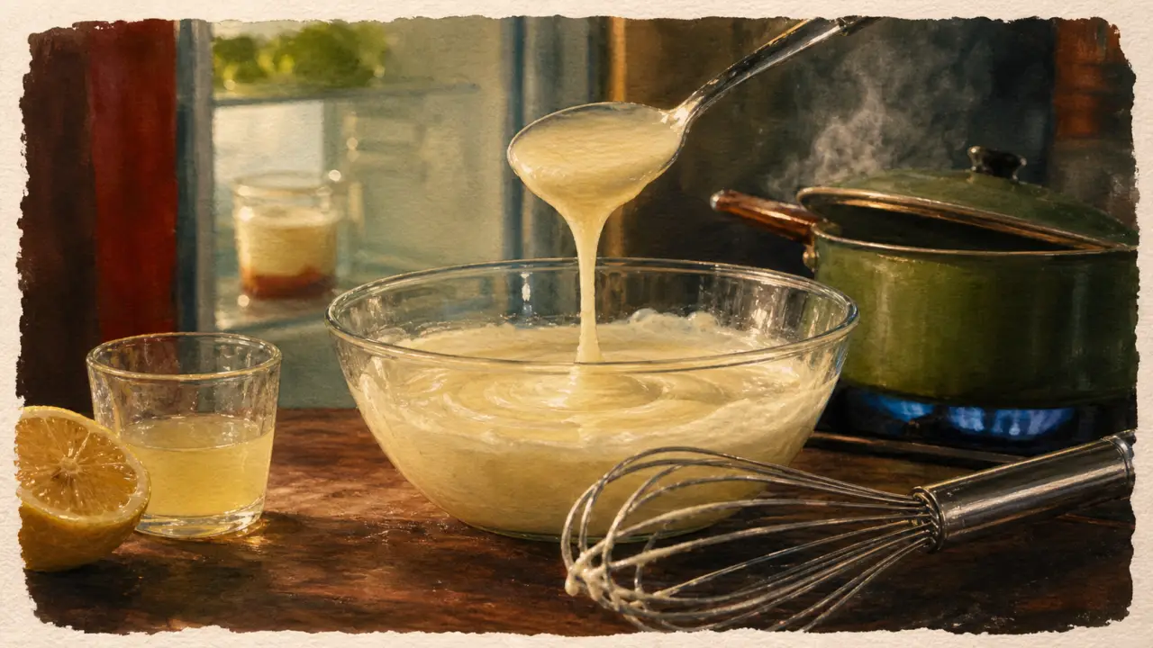 Comment epaissir une creme : bol avec citron, fouet et casserole