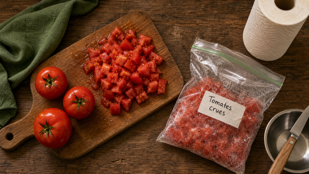 Congélation tomate crue : tomates crues à congeler, en dés et entières