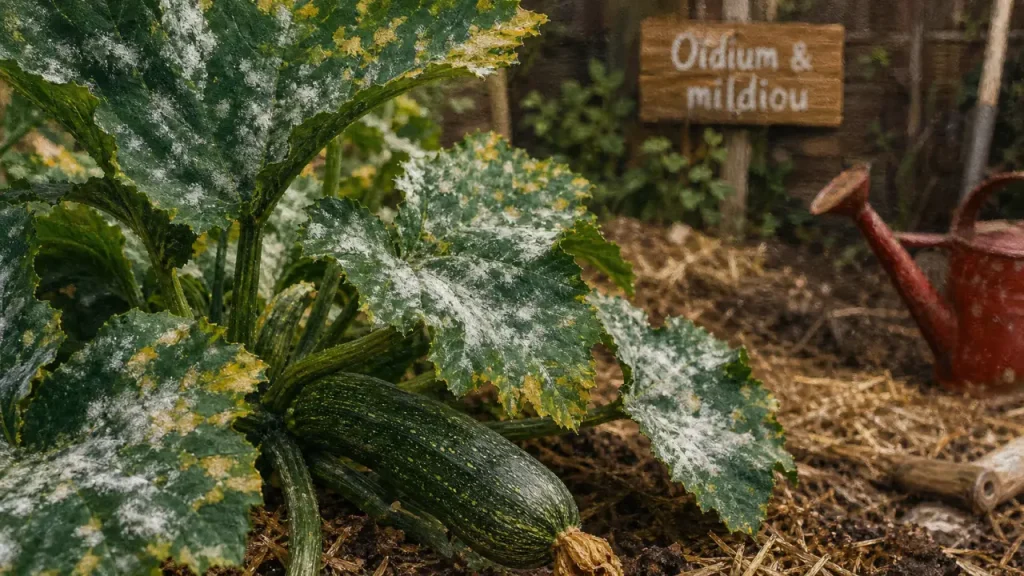 Feuilles de courgette avec oïdium (blanc poudreux) et taches jaunes