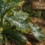 Feuilles de courgette avec oïdium (blanc poudreux) et taches jaunes