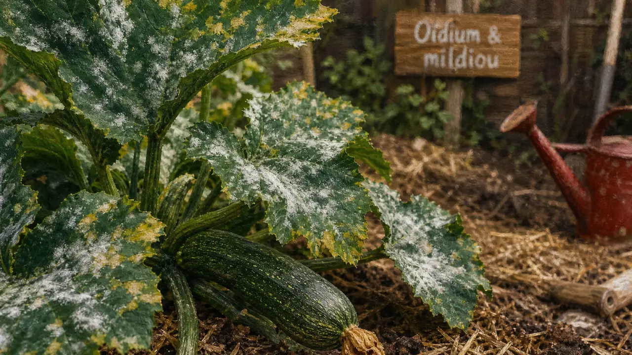 Feuilles de courgette avec oïdium (blanc poudreux) et taches jaunes