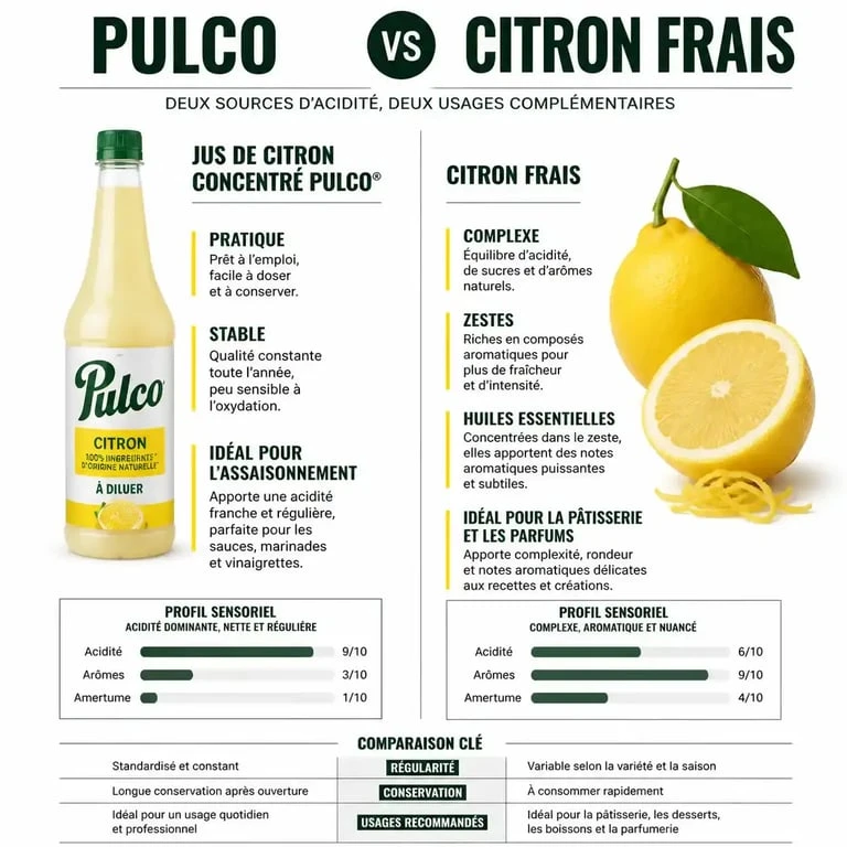Infographie comparative entre le jus de citron concentré Pulco et le citron frais pour savoir quand le pulco peut remplacer le citron
