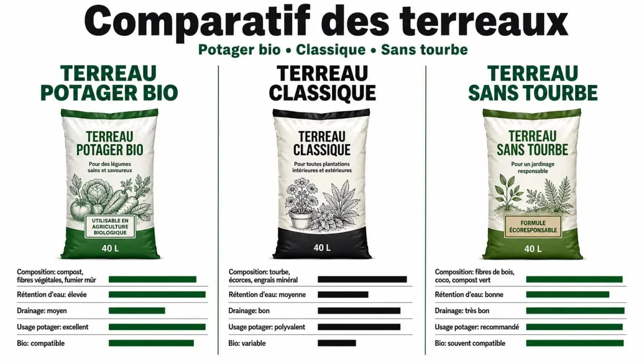 Terreau potager bio : comparaison visuelle entre terreau bio, terreau classique et terreau sans tourbe