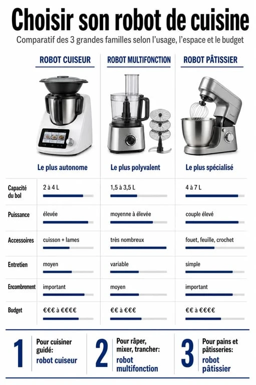 Infographie comparative pour quel robot choisir pour la cuisine selon le type, la capacité, la puissance et le budget