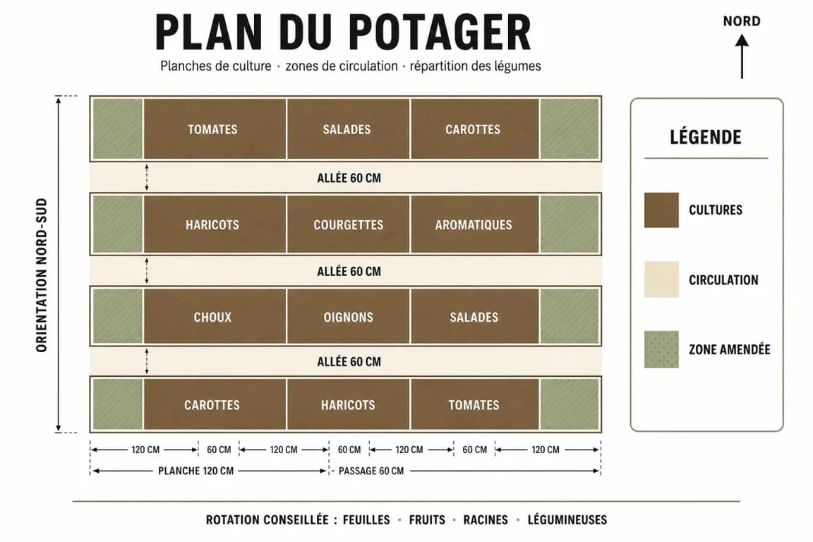 Plan de potager organisé en planches de culture pour une optimisation de l'espace