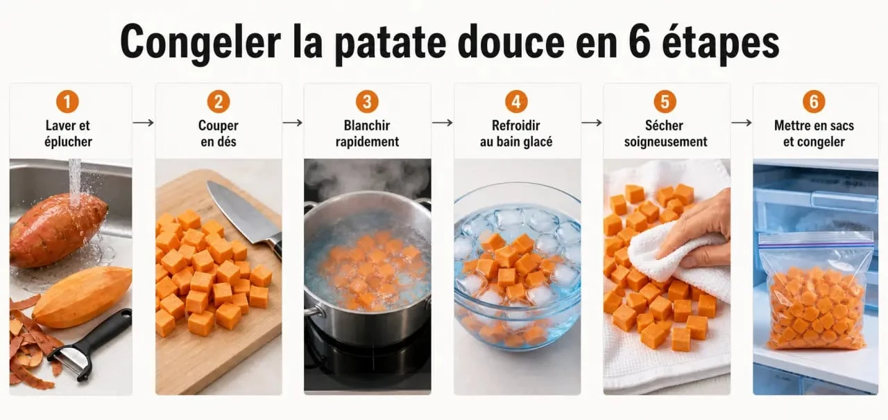 Comment congeler patate douce : étapes de préparation, blanchiment, refroidissement, séchage et stockage au congélateur