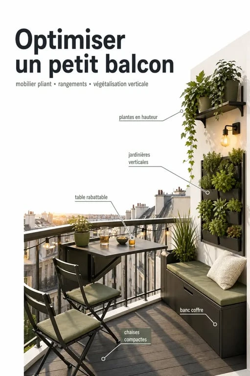 Aménager son balcon dans un petit espace urbain avec table pliante, plantes verticales et rangement discret
