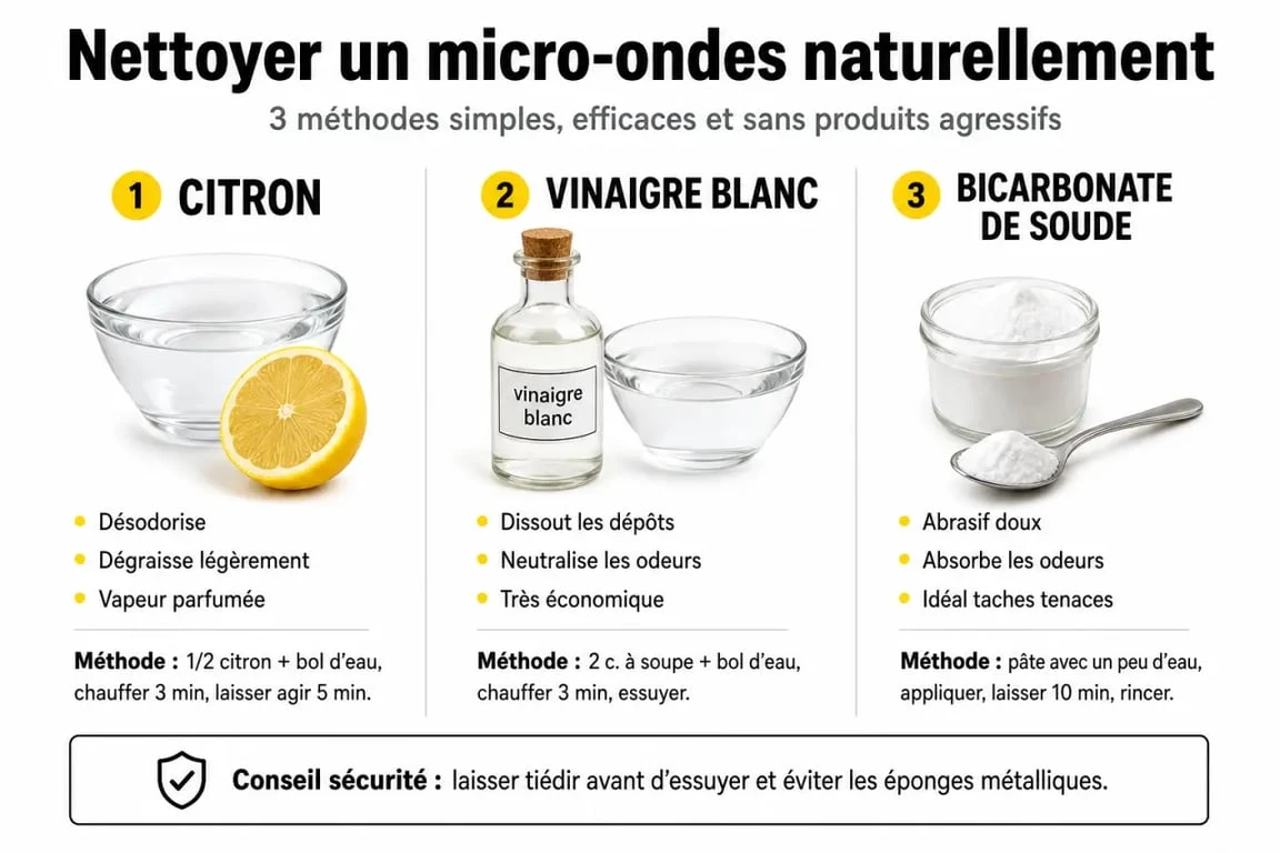 Infographie des méthodes naturelles pour le nettoyage micro onde : citron, vinaigre et bicarbonate.