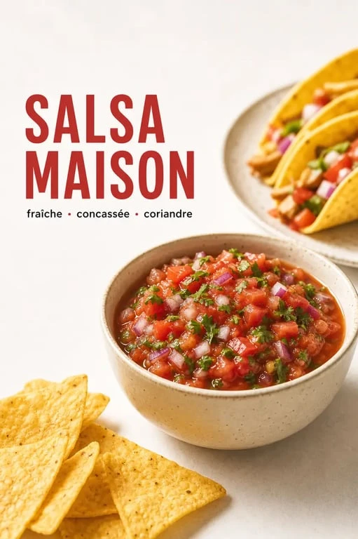 Recette sauce salsa maison servie dans un bol avec chips de maïs et tacos