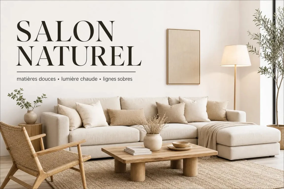 Décoration intérieure salon : salon contemporain chaleureux avec canapé beige, bois clair et matières naturelles