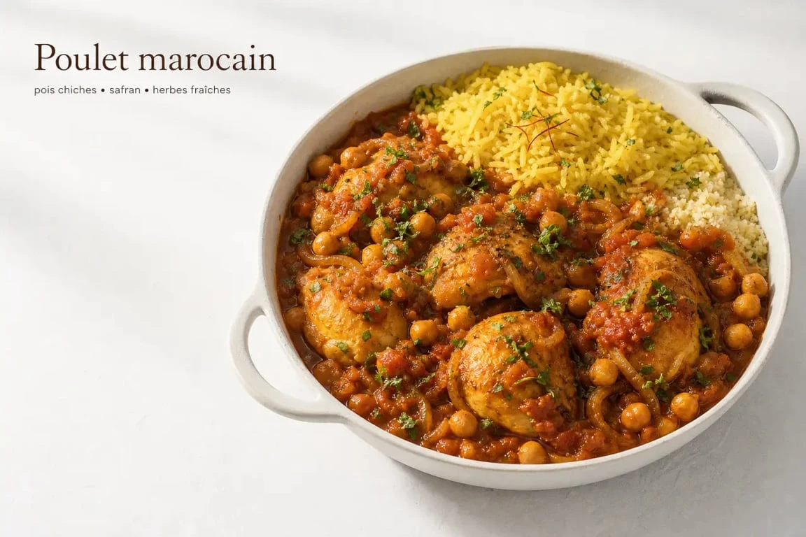 Recette au poulet marocain servie avec sauce généreuse, pois chiches et riz au safran