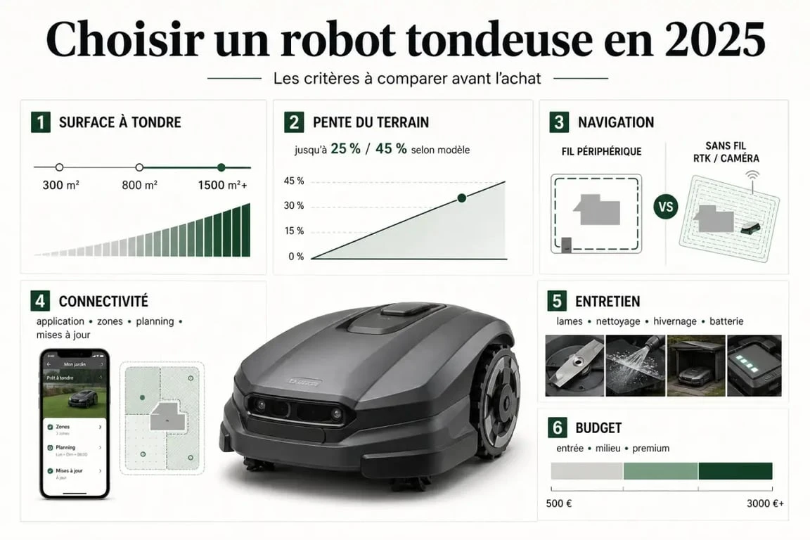 Comparatif du meilleur robot tondeuse 2025 avec critères de surface, pente, connectivité et budget